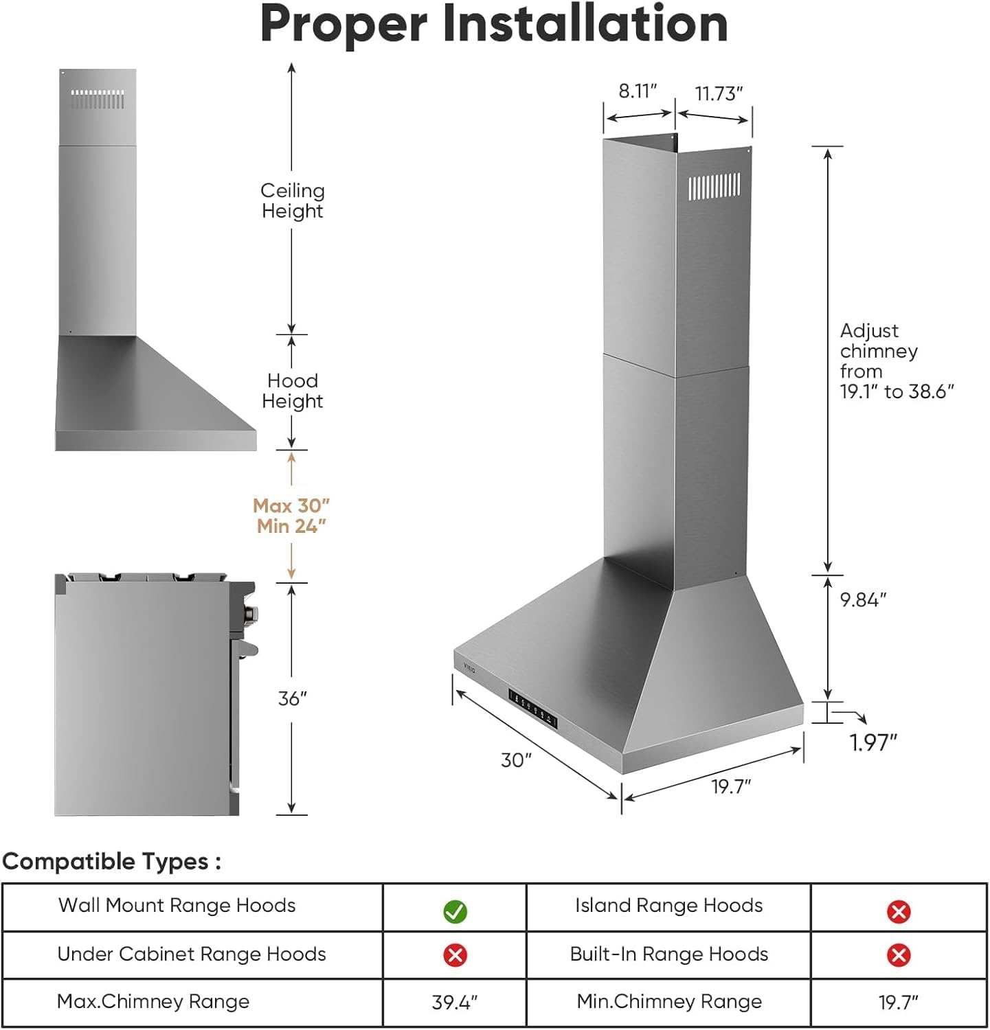 30" Wall Mount Kitchen Hood – Stainless Steel