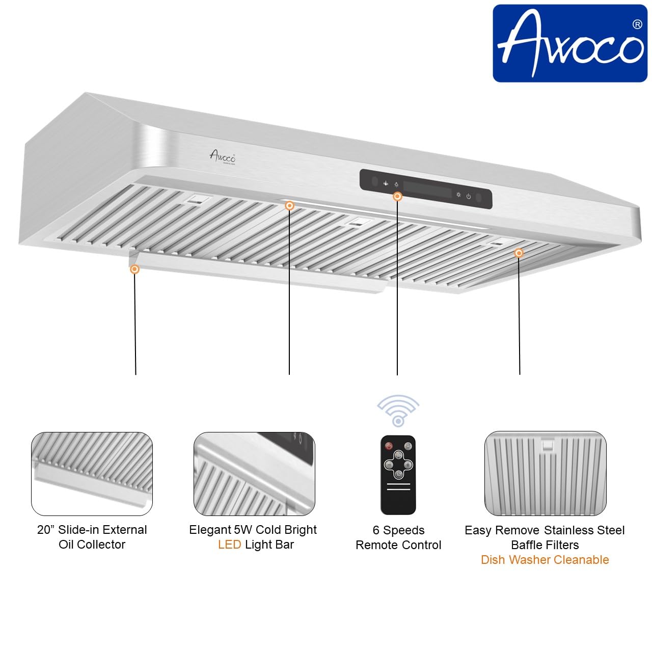 Awoco 36" Range Hood – Stainless Steel