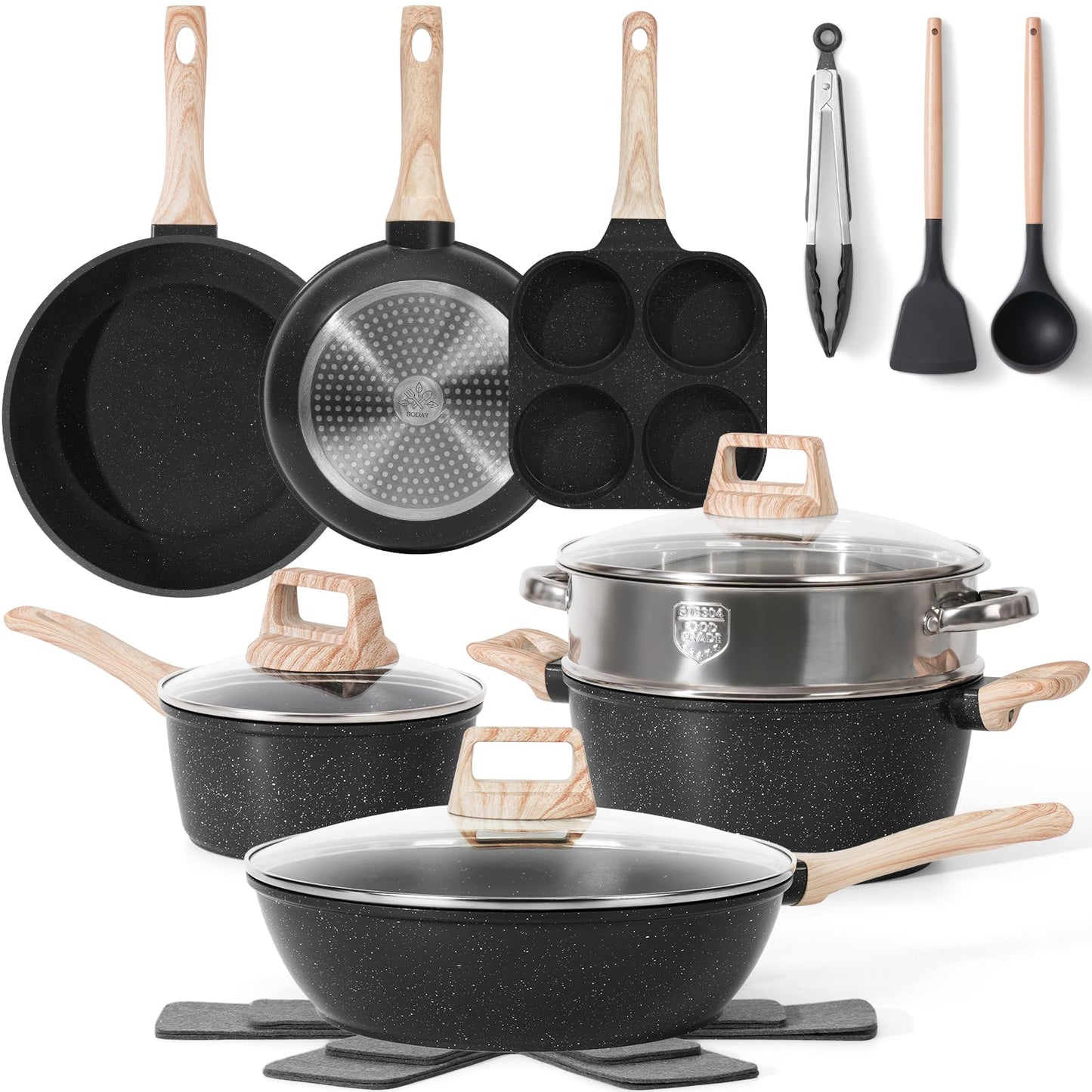 12-Pc Black Granite Cookware Set