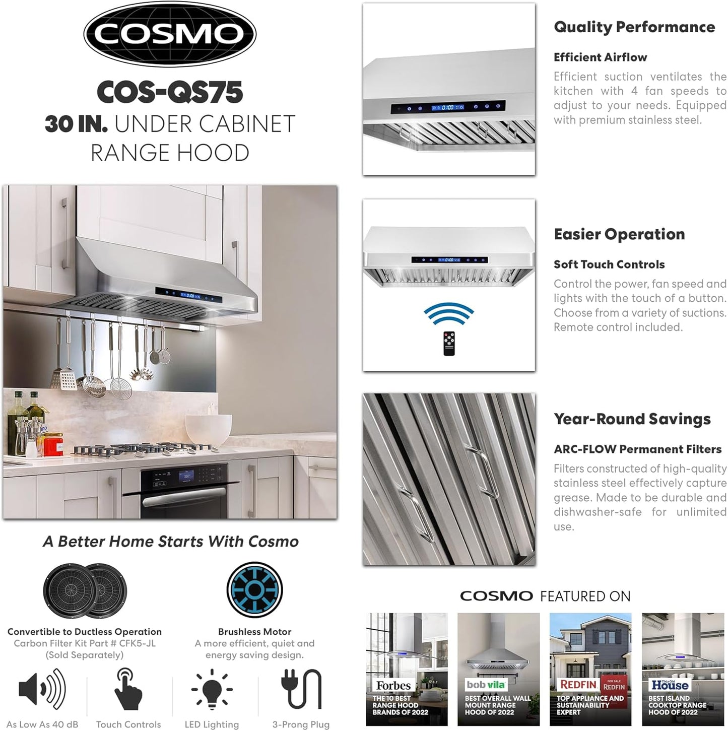 COSMO 30" Range Hood – Stainless Steel