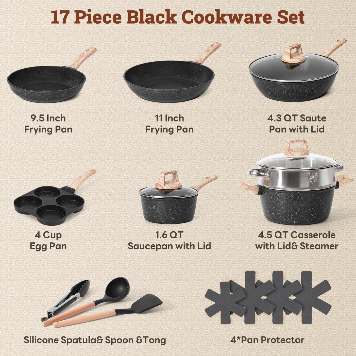 12-Pc Black Granite Cookware Set