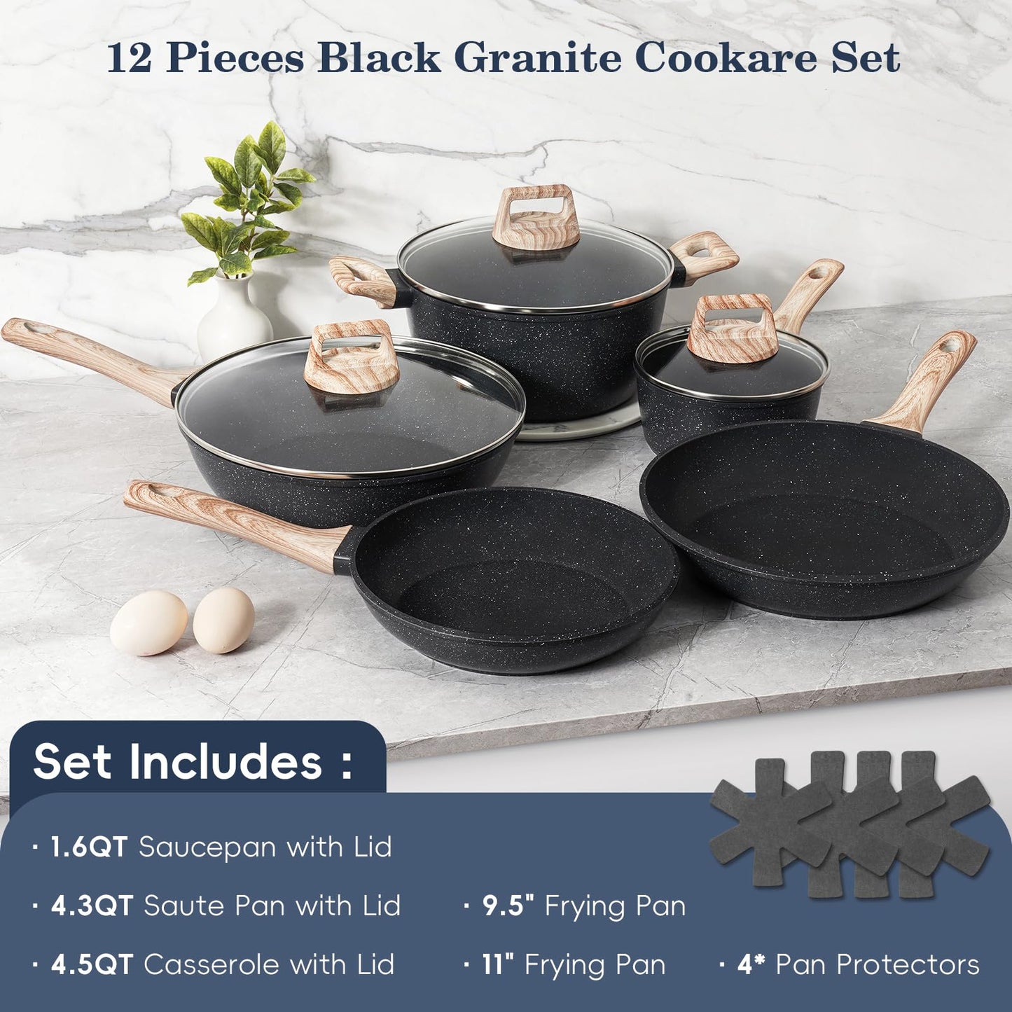 12-Pc Black Granite Cookware Set
